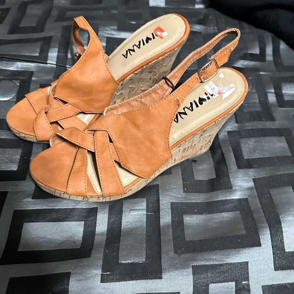 Brown sandal peep toe wedges , tie straps around ankle